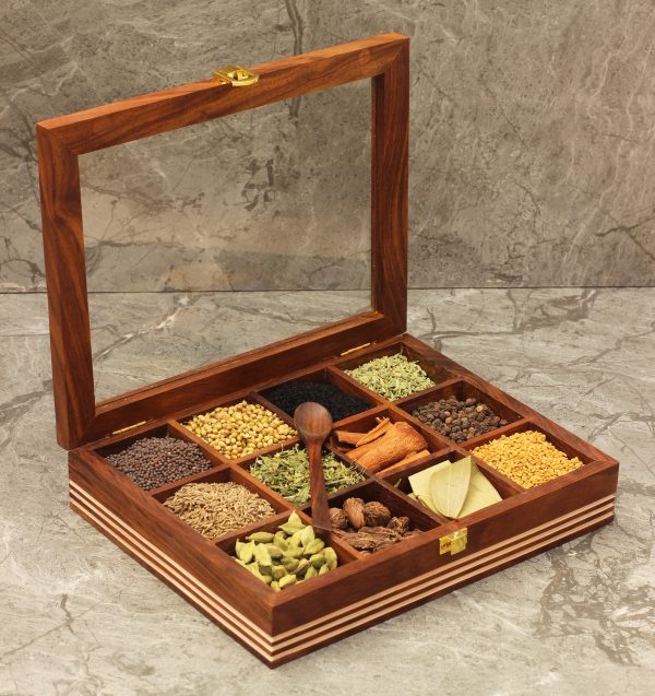HANDMADE WOODEN MASALA BOX SPICE BOX CREATIVE WOODEN SPICE BOX WITH SPOON MULTI PURPOSE CONTAINER
